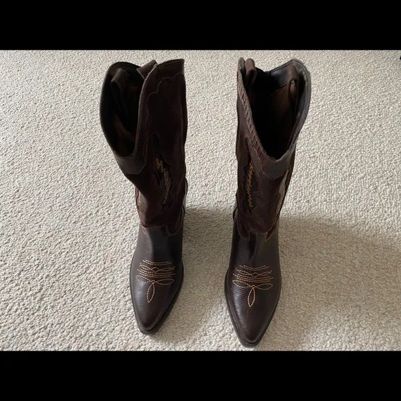 Sam Edelman Kitty Western Heel Boots Leather Brown