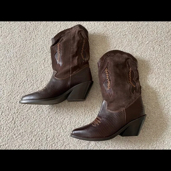 Sam Edelman Kitty Western Heel Boots Leather Brown