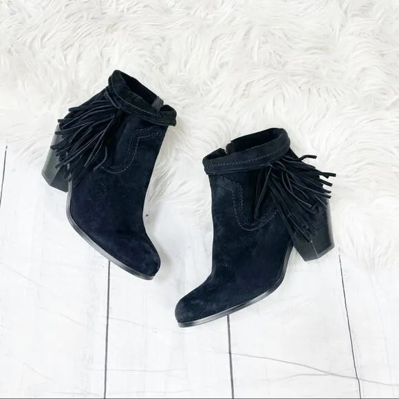 Sam Edelman Louie Women's Black Fringe Trim Suede Leather Ankle Boots Size 7.5