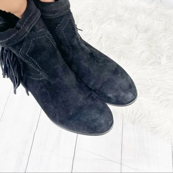 Sam Edelman Louie Women's Black Fringe Trim Suede Leather Ankle Boots Size 7.5
