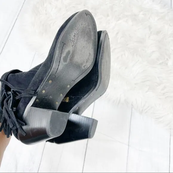 Sam Edelman Louie Women's Black Fringe Trim Suede Leather Ankle Boots Size 7.5