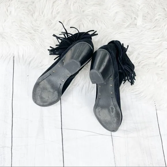 Sam Edelman Louie Women's Black Fringe Trim Suede Leather Ankle Boots Size 7.5