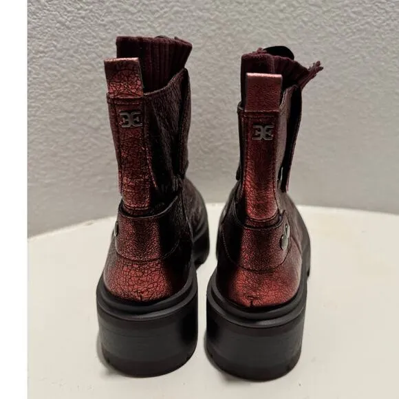 SAM EDELMAN New $200 Linds Metallic Burgundy Red Leather Boots Size 7.5