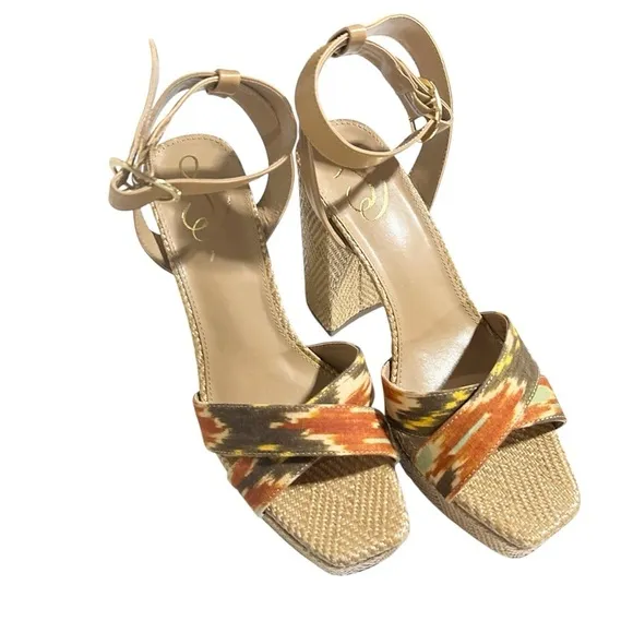 Sam Edelman Nolita Raffia Platform Orange Multi Block-heel Sandals Size 9M NIB