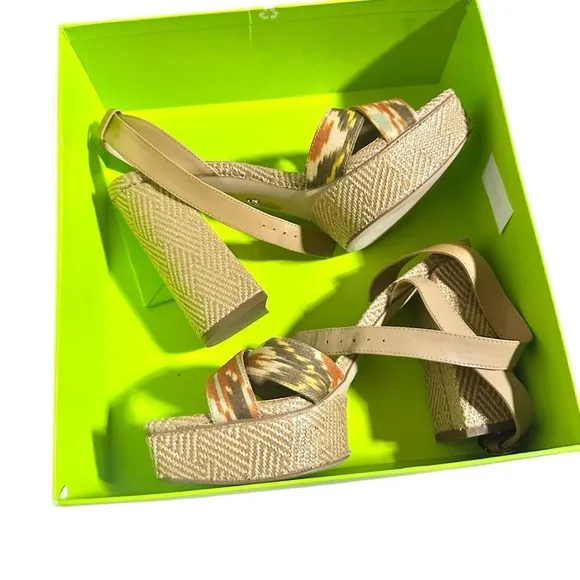 Sam Edelman Nolita Raffia Platform Orange Multi Block-heel Sandals Size 9M NIB