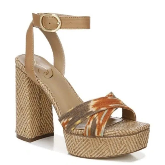 Sam Edelman Nolita Raffia Platform Orange Multi Block-heel Sandals Size 9M NIB