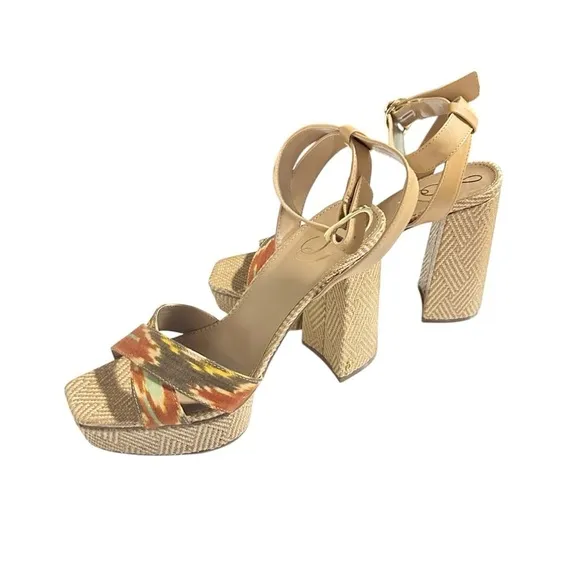 Sam Edelman Nolita Raffia Platform Orange Multi Block-heel Sandals Size 9M NIB