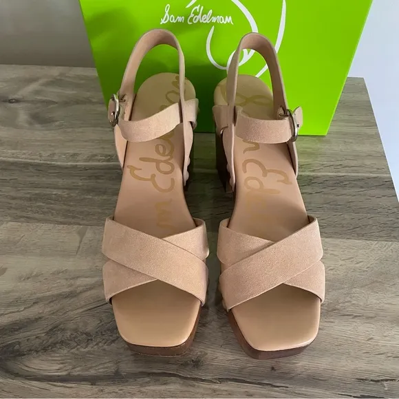Sam Edelman Size 39 Camel Suede Josefine Wood Clog Sandals Brown NIB Platform
