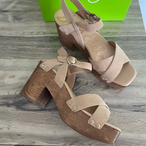 Sam Edelman Size 39 Camel Suede Josefine Wood Clog Sandals Brown NIB Platform