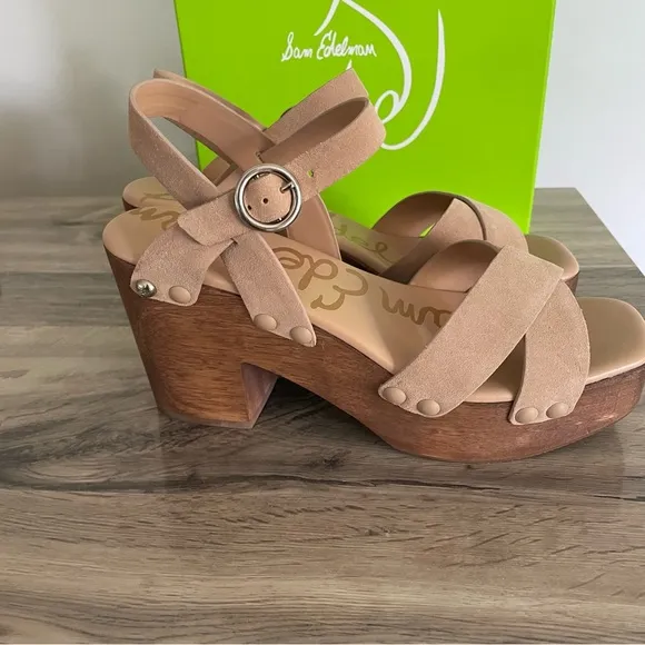 Sam Edelman Size 39 Camel Suede Josefine Wood Clog Sandals Brown NIB Platform