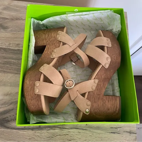 Sam Edelman Size 39 Camel Suede Josefine Wood Clog Sandals Brown NIB Platform