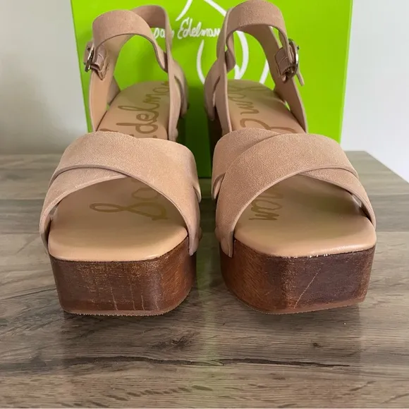 Sam Edelman Size 39 Camel Suede Josefine Wood Clog Sandals Brown NIB Platform