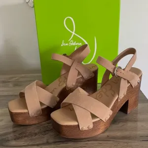 Sam Edelman Size 39 Camel Suede Josefine Wood Clog Sandals Brown NIB Platform
