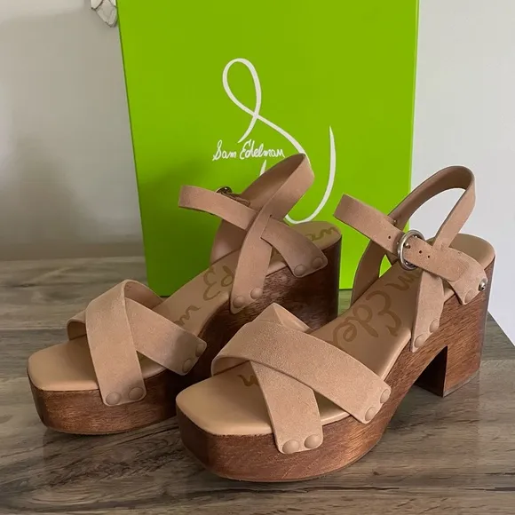 Sam Edelman Size 39 Camel Suede Josefine Wood Clog Sandals Brown NIB Platform