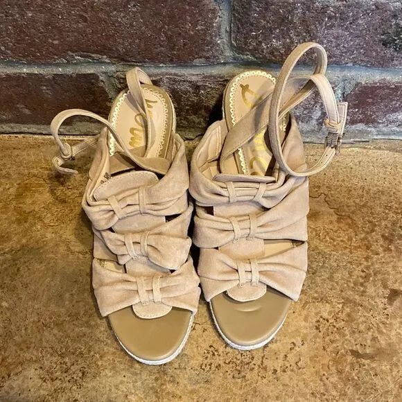 Sam Edelman Women Awan Tan Suede Wedge Open-toe Ankle Strap Sandals