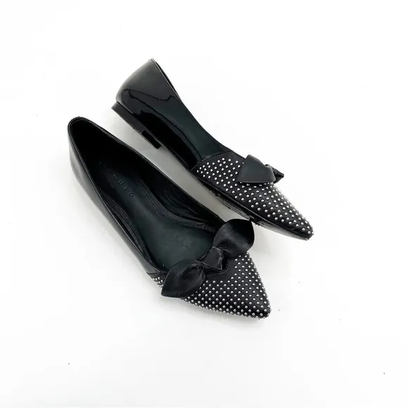 Sandro Arlette Noir Bow Stud Leather Flats, Size 37