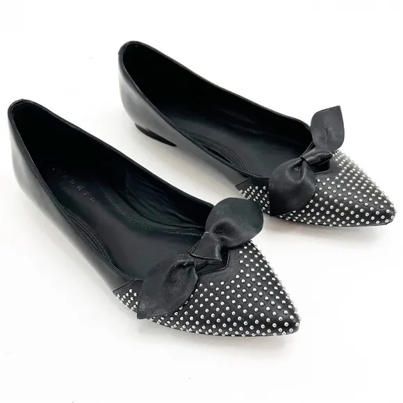 Sandro Arlette Noir Bow Stud Leather Flats, Size 37