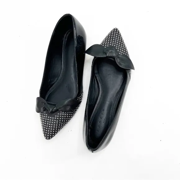 Sandro Arlette Noir Bow Stud Leather Flats, Size 37