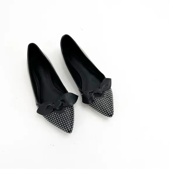 Sandro Arlette Noir Bow Stud Leather Flats, Size 37