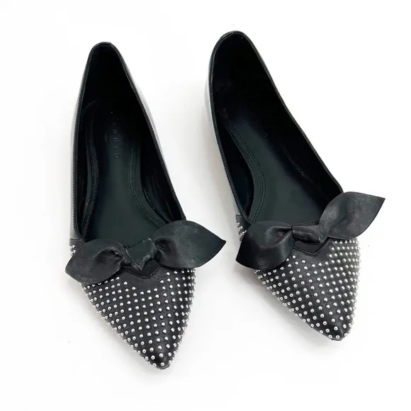 Sandro Arlette Noir Bow Stud Leather Flats, Size 37