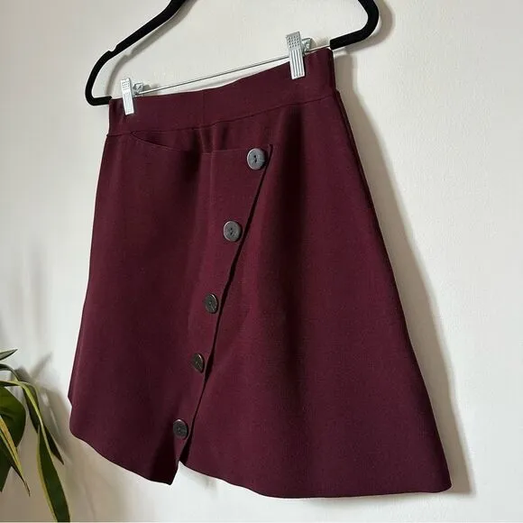 Sandro Autumn Berkley Fiji Asymmetric Button Mini Knit Skirt In Burgundy Size 2