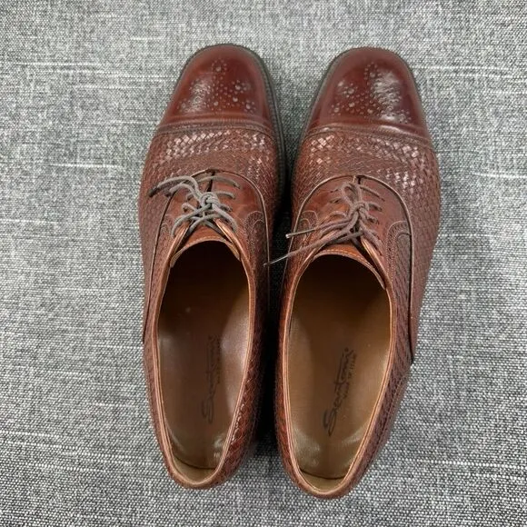 Santoni Shoes Mens Brown Size 12 Captoe Weave Oxford Leather Dress Made In Italy