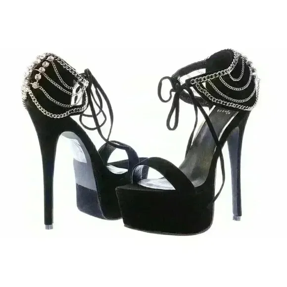 Scene Amorita Draped Chain-Link, Delicately Strapped Black Platform Sandal NIB