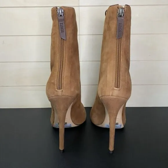 Schutz Adam Heeled Booties Women's Size 8 B Shoes Saddle Brown Suede Stiletto