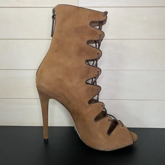 Schutz Adam Heeled Booties Women's Size 8 B Shoes Saddle Brown Suede Stiletto