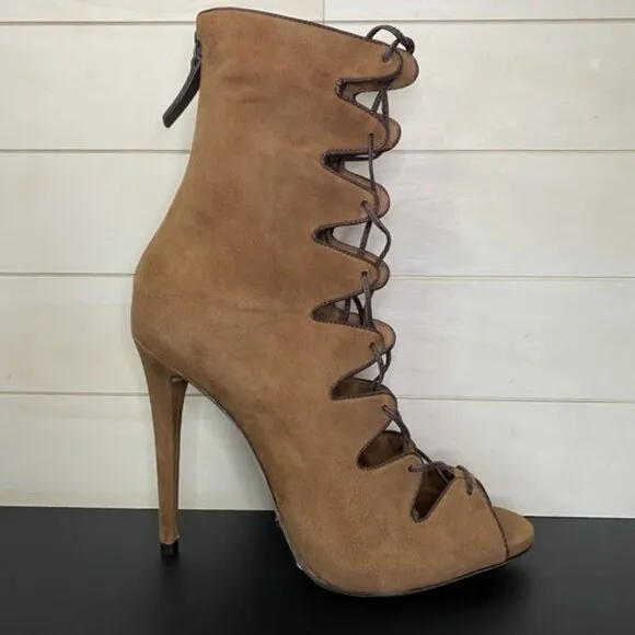 Schutz Adam Heeled Booties Women's Size 8 B Shoes Saddle Brown Suede Stiletto