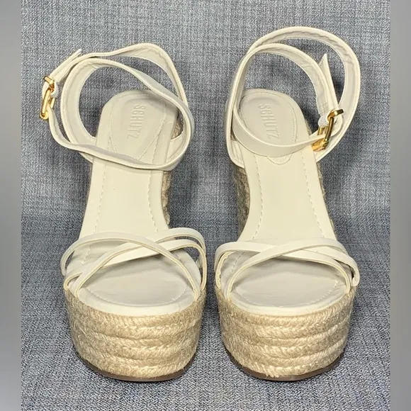 SCHUTZ Alexandra Ankle Strap Espadrille Platform Wedge Sandals Pearl Leather 10B