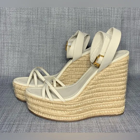 SCHUTZ Alexandra Ankle Strap Espadrille Platform Wedge Sandals Pearl Leather 10B