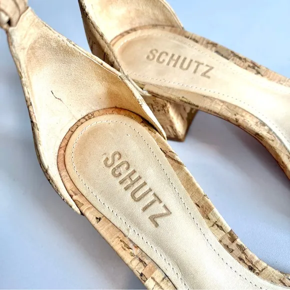 Schutz chime cork block heels women's 7.5 ankle strap natural shoes sandal tan