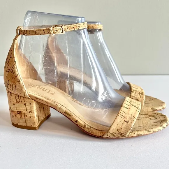 Schutz chime cork block heels women's 7.5 ankle strap natural shoes sandal tan