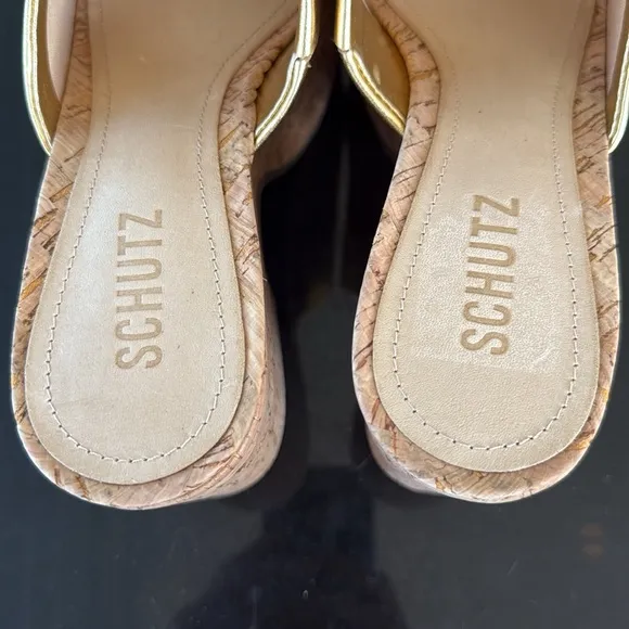 Schutz Dalle Cut Out Metallic Gold Cork Platform Sandals 7.5