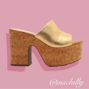 Schutz Dalle Cut Out Metallic Gold Cork Platform Sandals 7.5