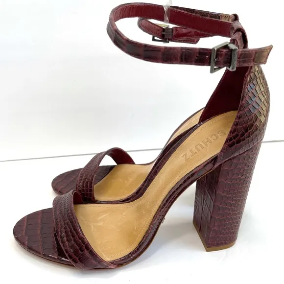 SCHUTZ Enida Croc Embossed Ankle Strap Heeled Sandal NEW Size 10 Red Wine