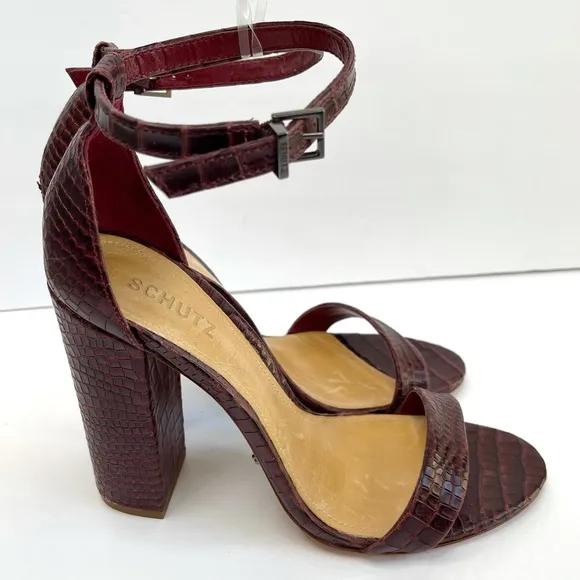 SCHUTZ Enida Croc Embossed Ankle Strap Heeled Sandal NEW Size 10 Red Wine