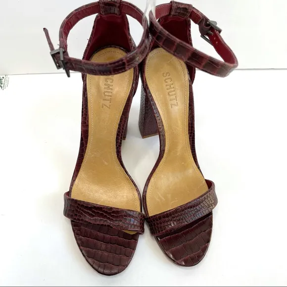 SCHUTZ Enida Croc Embossed Ankle Strap Heeled Sandal NEW Size 10 Red Wine
