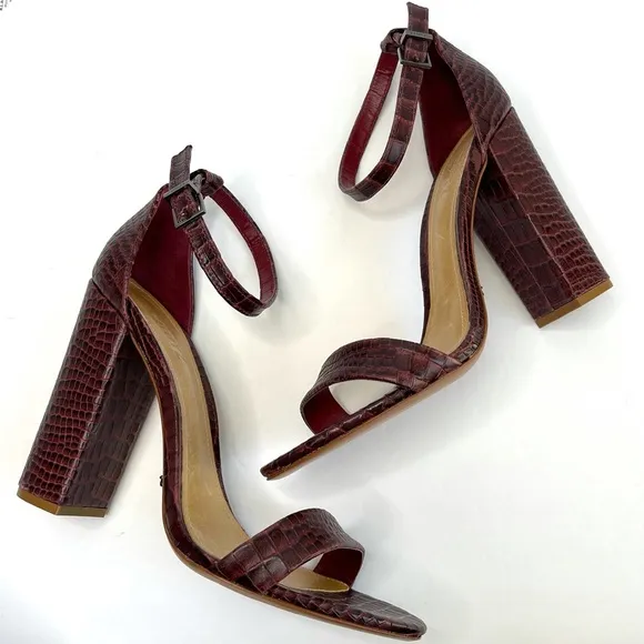 SCHUTZ Enida Croc Embossed Ankle Strap Heeled Sandal NEW Size 10 Red Wine
