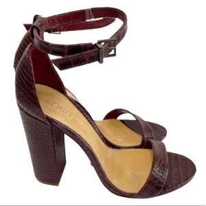 SCHUTZ Enida Croc Embossed Ankle Strap Heeled Sandal NEW Size 10 Red Wine