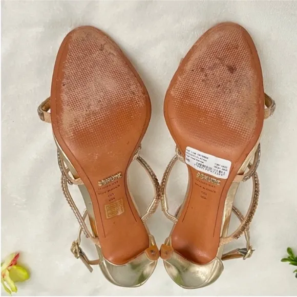 SCHUTZ Gold Stiletto Heels with Rhinestone Straps Size 9B
