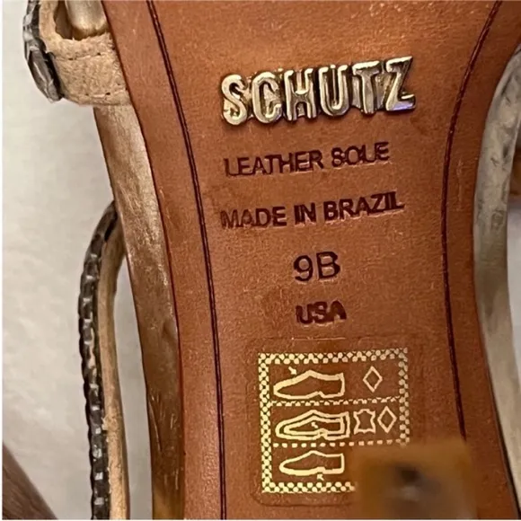 SCHUTZ Gold Stiletto Heels with Rhinestone Straps Size 9B
