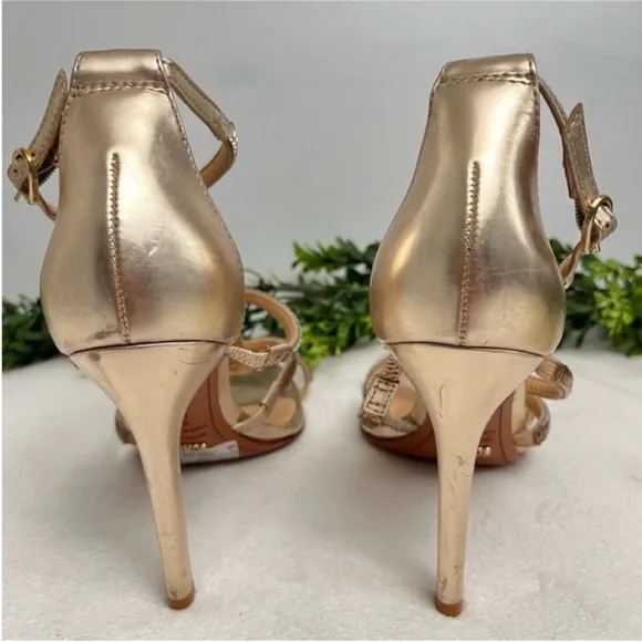 SCHUTZ Gold Stiletto Heels with Rhinestone Straps Size 9B