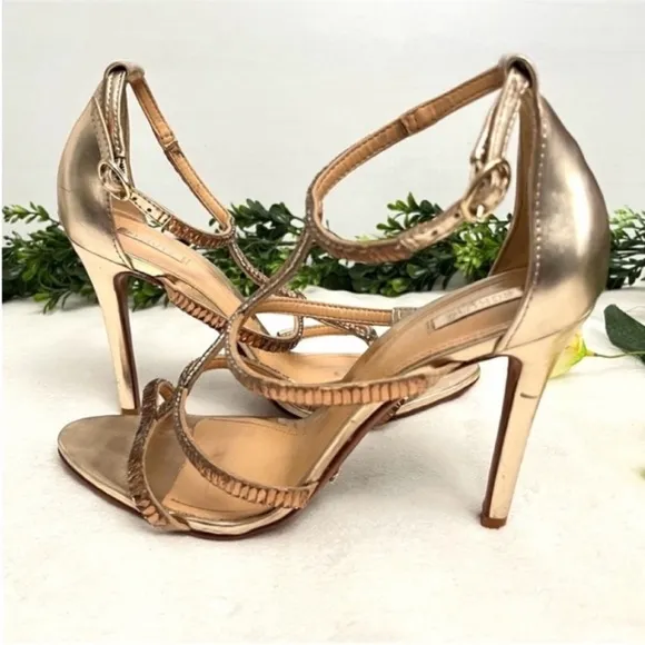 SCHUTZ Gold Stiletto Heels with Rhinestone Straps Size 9B