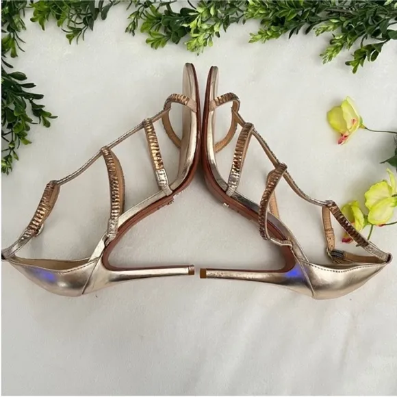 SCHUTZ Gold Stiletto Heels with Rhinestone Straps Size 9B