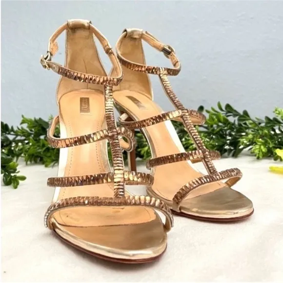 SCHUTZ Gold Stiletto Heels with Rhinestone Straps Size 9B