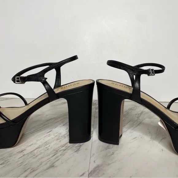 Schutz Kelsie Platform Black Leather Heeled Sandal 8 1/2 B