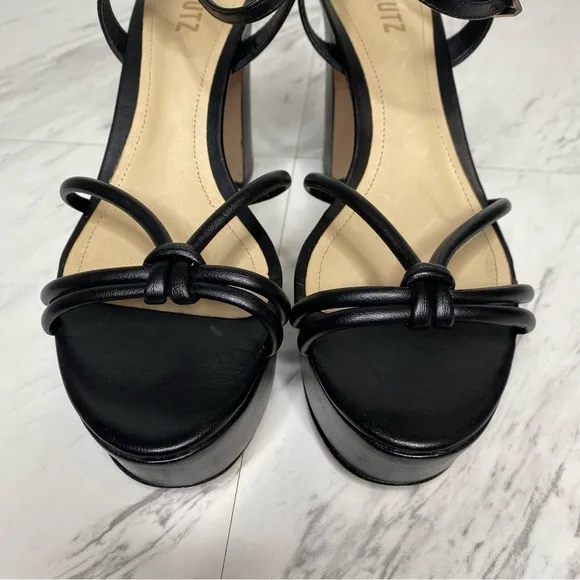 Schutz Kelsie Platform Black Leather Heeled Sandal 8 1/2 B