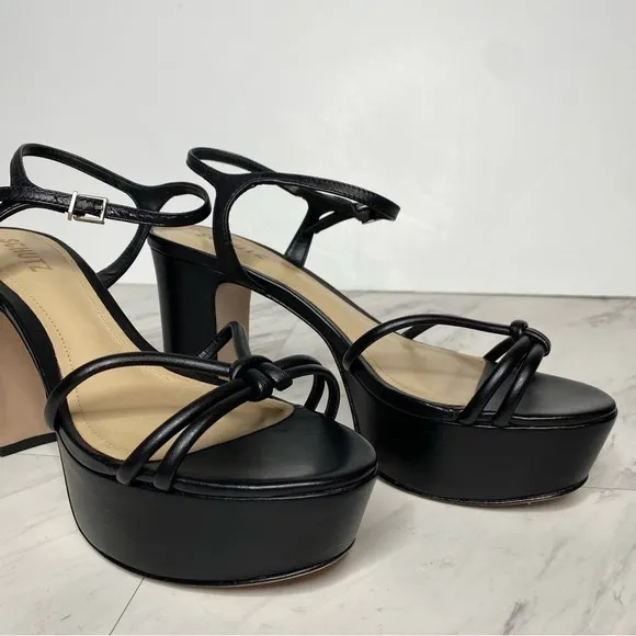 Schutz Kelsie Platform Black Leather Heeled Sandal 8 1/2 B